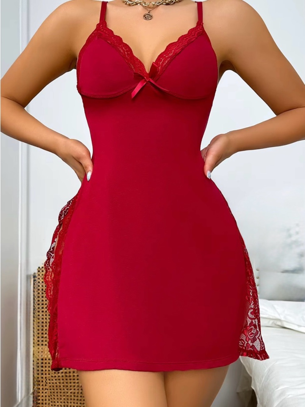(S) Lace-Trim Red Slip Chemise with Adjustable Straps